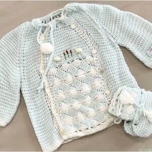 Vintage Handmade in Republic of Korea Baby Sweater Booties Set Blue Knit Crochet